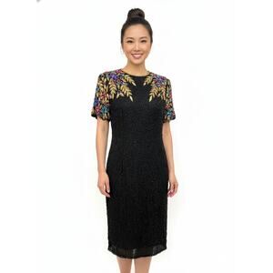 Vintage Stenay Black Beaded Dress with Gold & Multicolor Floral Embellishment